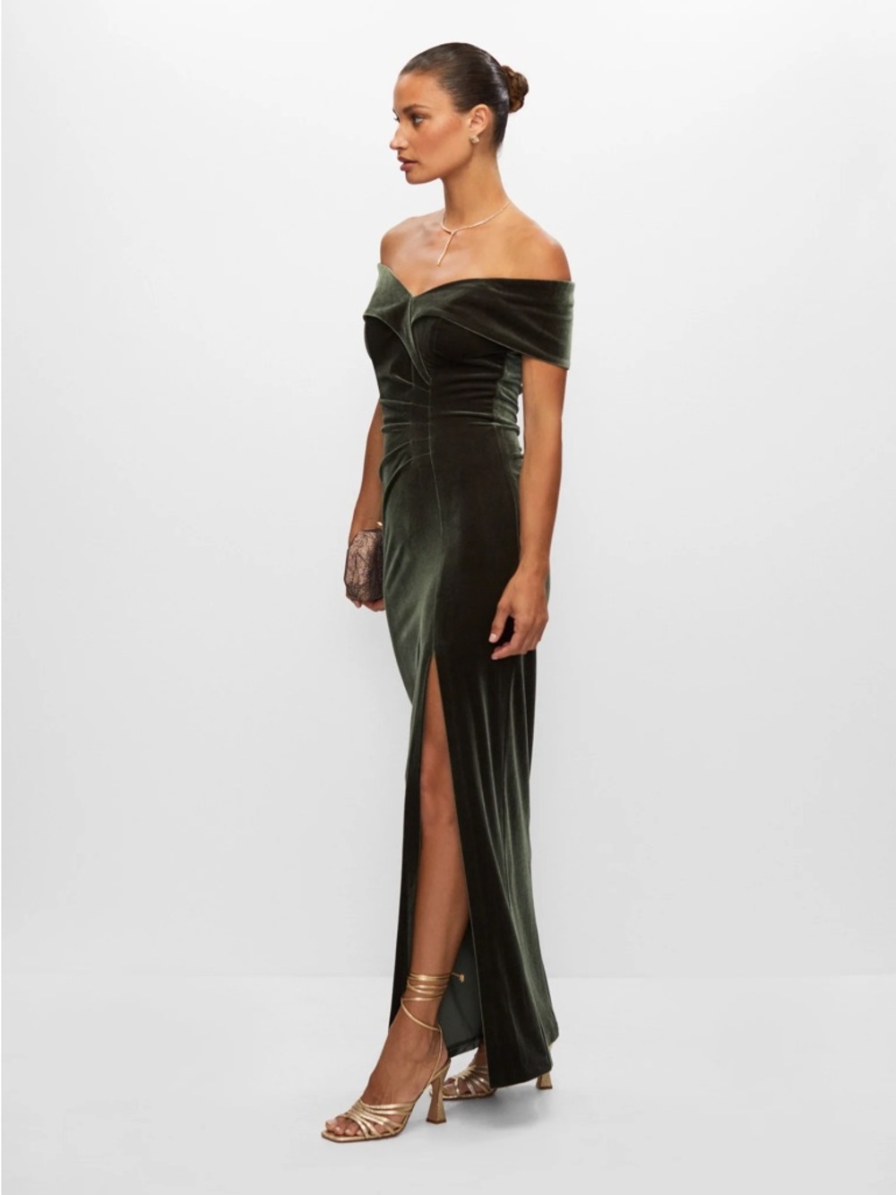 Velvet Sweetheart Off-Shoulder Strapless Gown in Olive Green size 10 - Picture 2 of 7